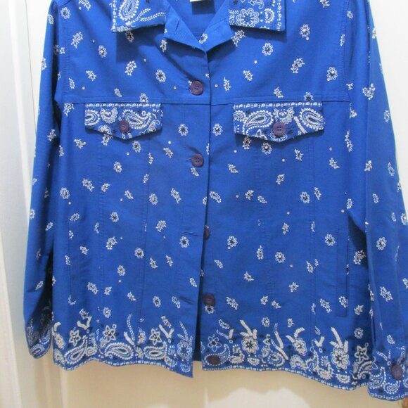NWOT Quacker Factory Blue Bandanna Bandana Print Hand Beaded Jacket Size Large - Picture 3 of 16